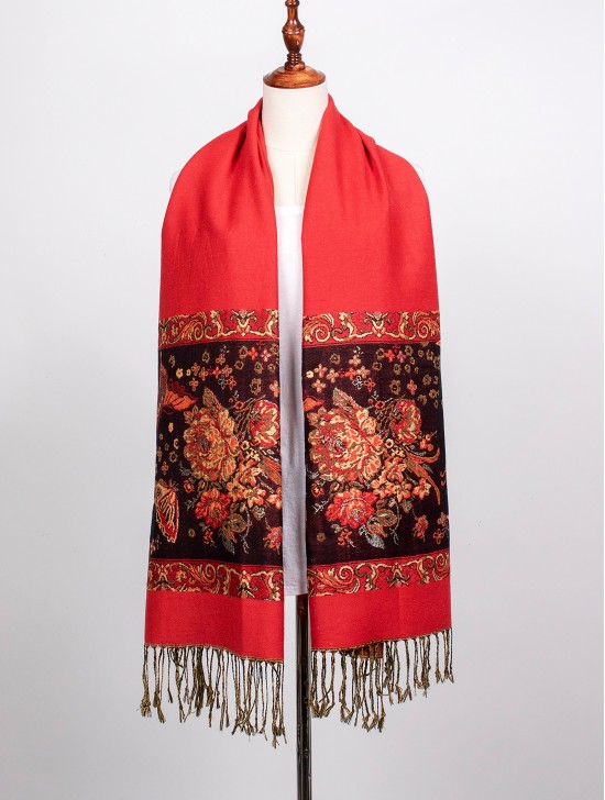 Butterfly Print Pashmina W/ Golden Threads & Tassels